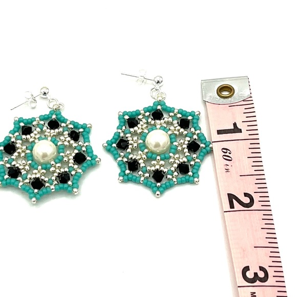 HAND CRAFTED Chunky Web Earrings Turquoise and Silver - Picture 6 of 7